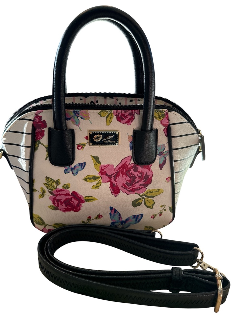 Floral Stripe Dome Satchel - Black Handles - Picture 4 of 5